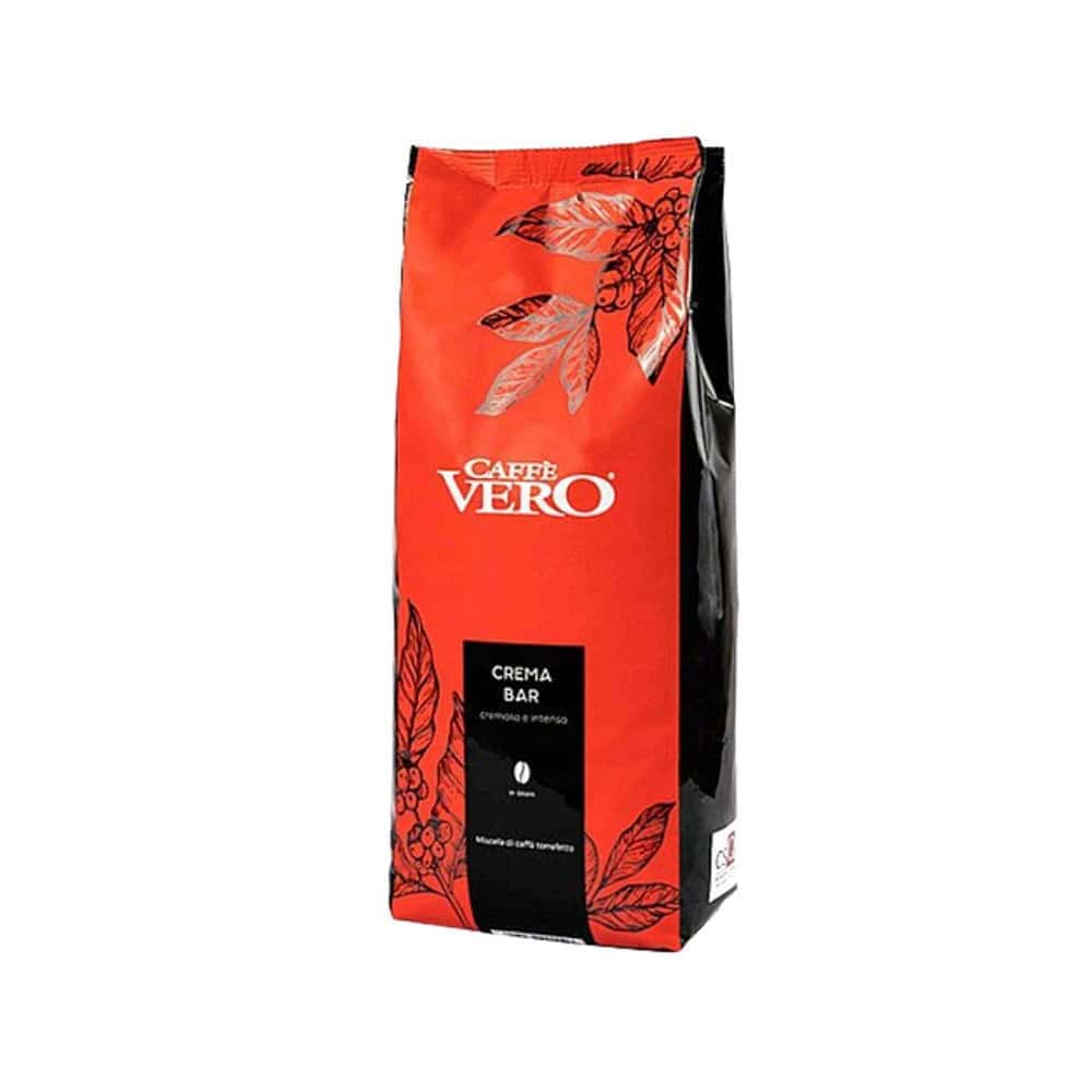 שקית קפה Caffe Vero RED במשקל 1 ק״ג בצבעים אדום ושחור, עם תמונות של ענפי קפה ופולי קפה המוצגים במאונך על רקע לבן — מושלמת להכנת טחינה איכותית במכונת קפה ולהכנת כוס קפה מושלמת. | אספרסימו
