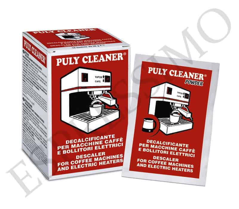קופסה וחבילה של PULY CLEANER אבקה להסרת אבנית למכונת קפה — אבקה להסרת אבנית ממכונות קפה ומחממים חשמליים, באריזה אדומה ולבנה עם איור של מכונת קפה — מושלמת לשמירה על הציוד במצב מעולה ולהנאה מכל כוס קפה מושלמת. | אספרסימו
