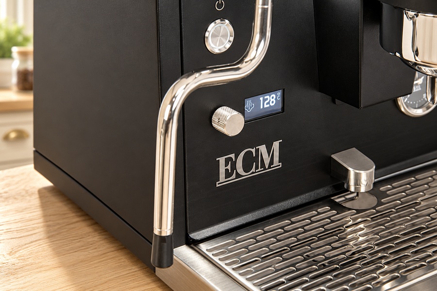 תקריב של מכונת אספרסו ECM Technika V Profi PID בצבע שחור, המציגה תצוגה דיגיטלית המכוונת ל-128 מעלות, זרבובית אדים מתכתית ומגש טפטוף מנירוסטה. | אספרסימו