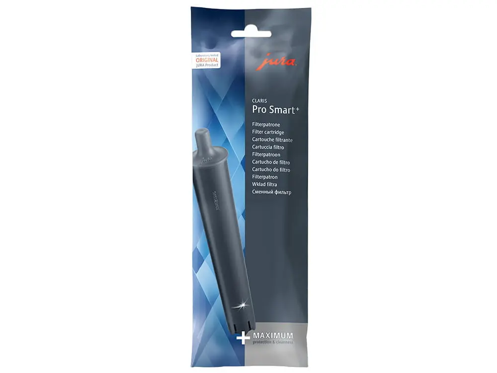 מחסנית מסנן מים Claris Smart PRO JURA ארוזה, המוצגת בשקית אטומה בצבעי כחול ואפור, עם טקסט על המוצר ולוגו המותג בחזית. | אספרסימו