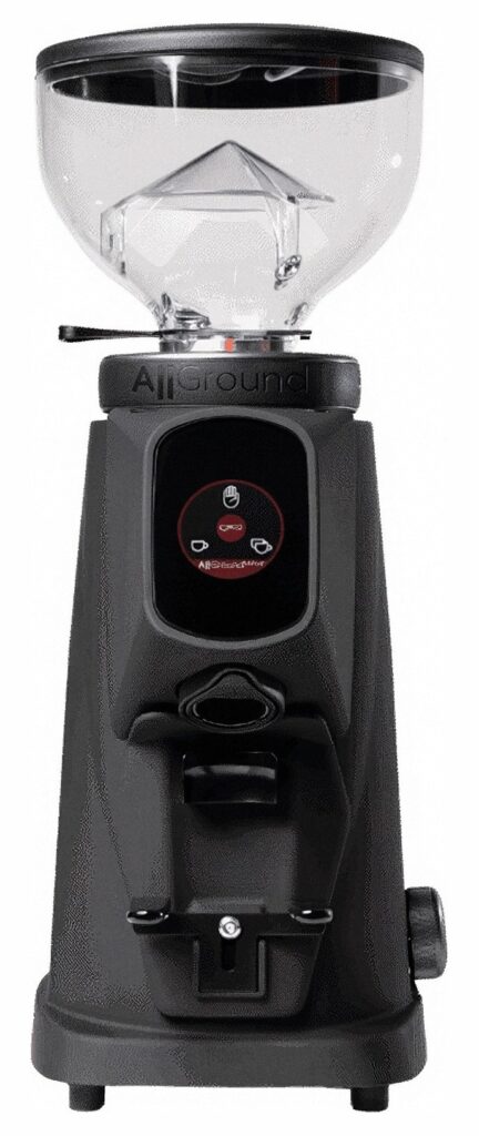 מטחנת הקפה Fiorenzato AllGround Sense – שחור מט היא מטחנת קפה בצבע שחור מט, עם מיכל פולים שקוף בחלקה העליון, הכוללת לוח בקרה דיגיטלי ובסיס יציב, שנועדה לספק טחינה מדויקת לארומה עשירה, המוצגת על רקע אחיד. | אספרסימו