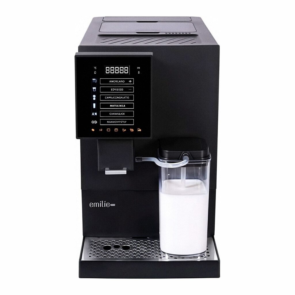 מכונת קפה אספרסוה מדגם EMILIO ONE TOUCH CAPUCCINO עם תצוגה דיגיטלית וכפתורים, הכוללת מיכל חלב המחובר באמצעות צינור. שם המותג "emilie" מופיע בחזית המכשיר, ומבטיח קפה איכותי בכל כוס בזכות טחינה מושלמת. | אספרסימו