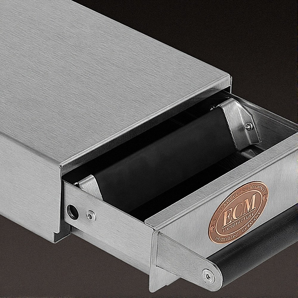 תקריב של מגירת הנוקבוקס לקפה מסדרת Heritage Line - ECM Knock Box, העשויה מפלדת אל-חלד ומוצגת כשהיא פתוחה חלקית, חושף את פנים המגירה בצבע שחור ואת לוגו ECM העגול והייחודי בחזית — מה שהופך אותה לאביזר חיוני לכל מכונת קפה ואידיאלי להכנת כוס קפה מושלמת. | אספרסימו