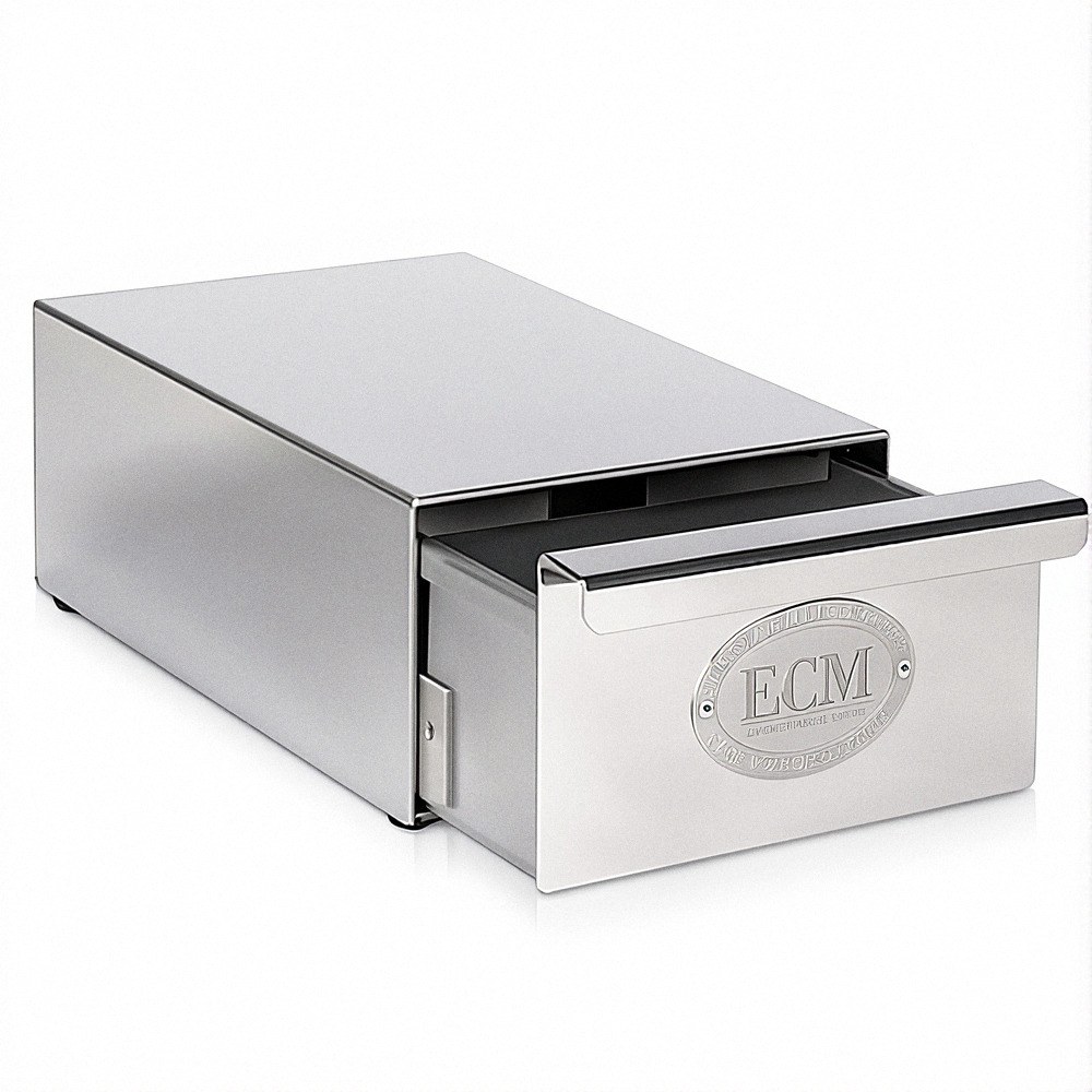 מגירת נוקבוקס לקפה Slim - ECM Knock Box מנירוסטה עם ידית קדמית, פתוחה בחלקה כדי לאפשר הצצה לתוכה. לוגו ECM חרוט על הלוח הקדמי. מיועדת להשלכת שאריות קפה, משלימה את מכונת הקפה שלך ועוזרת לך ליהנות מכוס קפה מושלמת בכל שימוש. | אספרסימו