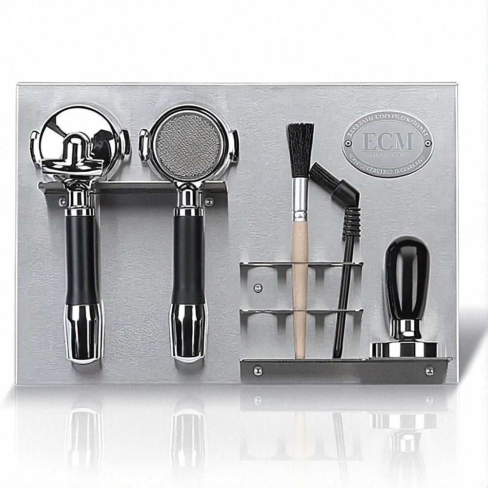 מתקן לארגון אביזרים - ECM Equipment Holder מותקן על לוח מתכת ומארגן בצורה מסודרת שני מסנני קפה, שתי מברשות, כלי ניקוי ומדחס — מה שמקל על הכנת קפה איכותי באמצעות מכונת הקפה שלכם. | אספרסימו