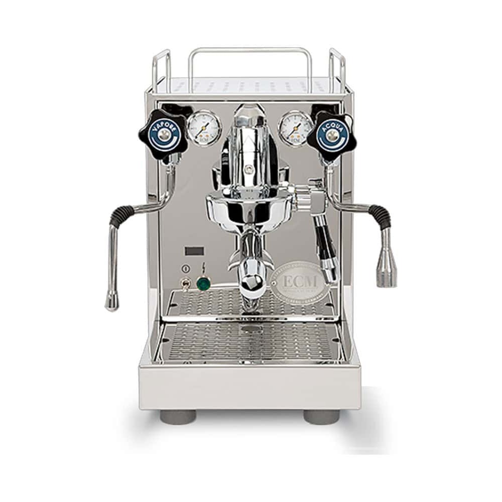 מכונת הקפה ECM Mechanika Slim PID עשויה נירוסטה וכוללת שני מדדים, שני כפתורי בקרה, זרבובית אדים ופיית מים חמים — אידיאלית להכנת קפה איכותי בעל ארומה עשירה. המכונה מוצגת במבט מלפנים על רקע לבן. | אספרסימו