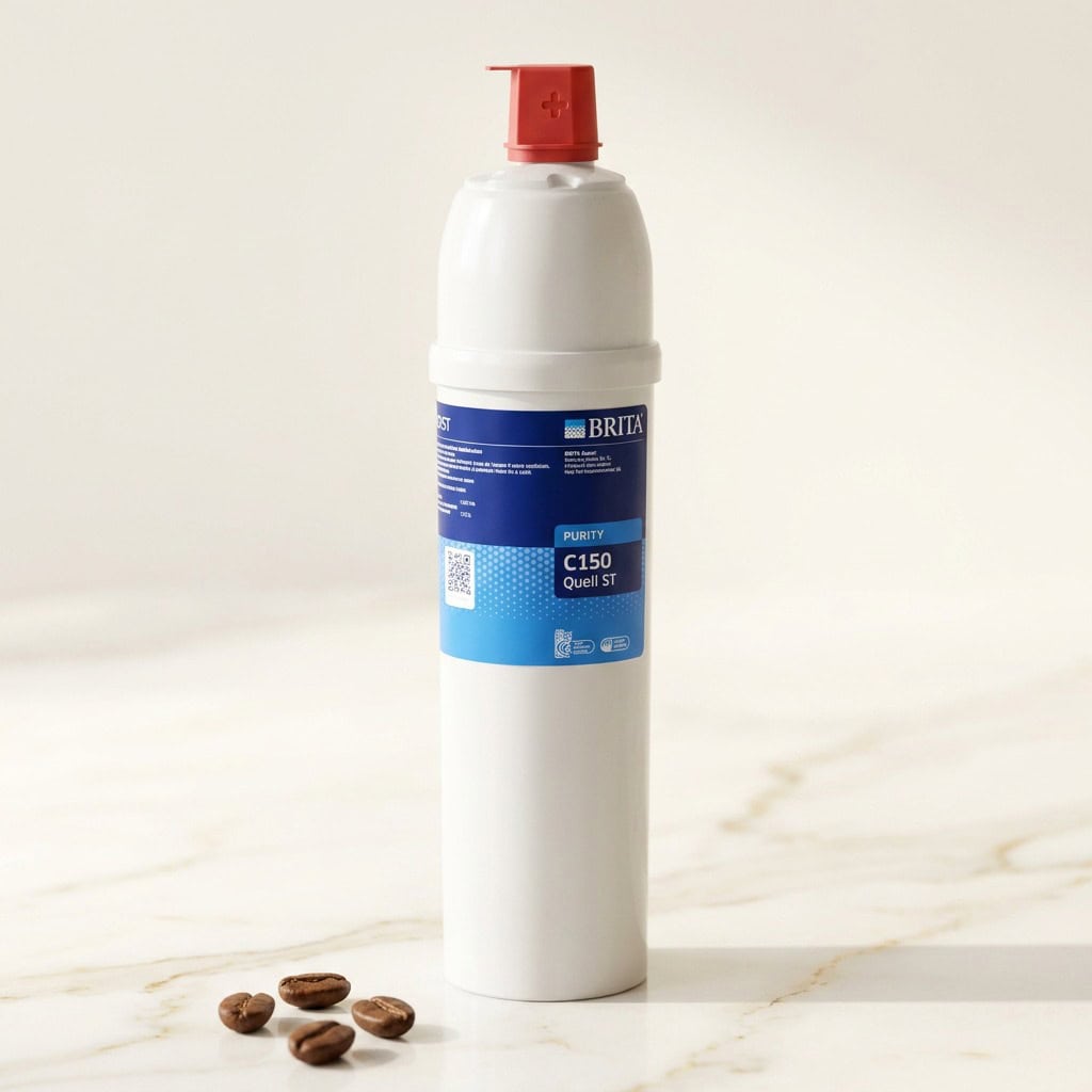מסנן מים לבן עם כפתור אדום, מותג BRITA, על משטח שיש בהיר. | אספרסימו