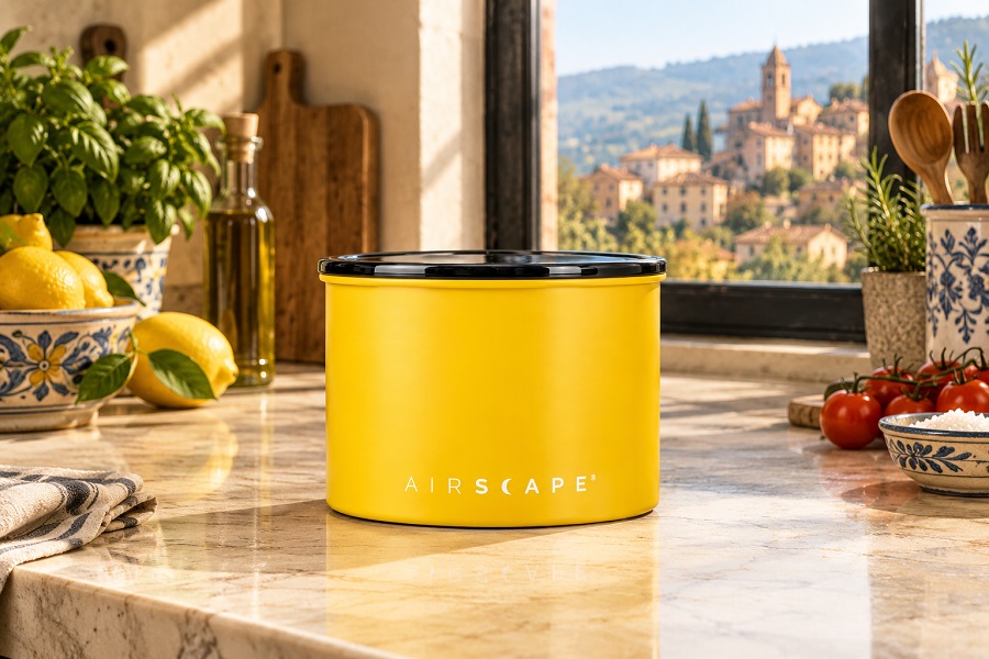 מיכל אחסון AirScape גלילי בצבע צהוב, בנפח 250 גרם, עם מכסה שחור, מונח על משטח המטבח. | אספרסימו