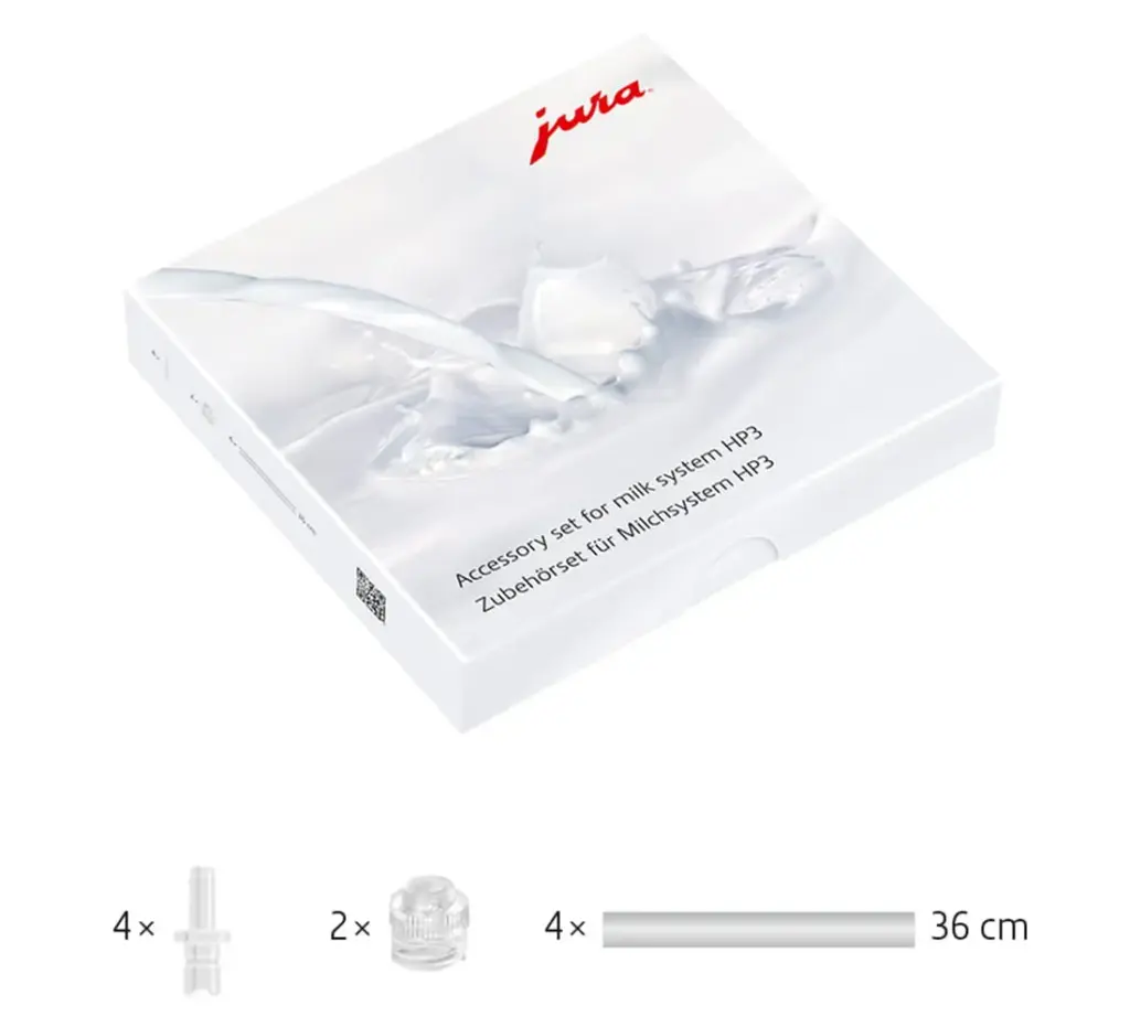 ערכת אביזרים למערכות חלב למכונת הקפה JURA מדגם HP3, הכוללת ארבעה מחברים, שני אביזרי יניקה וארבעה צינורות באורך 36 ס“מ, מוצגת באריזה. | אספרסימו